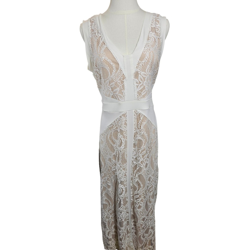 Candalite White Floral Lace Maxi Dress Nude Illusion V-Neck Sleeveless Large
